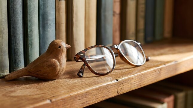 Wooden toy and reading glasses on bookshelf for grandparent love