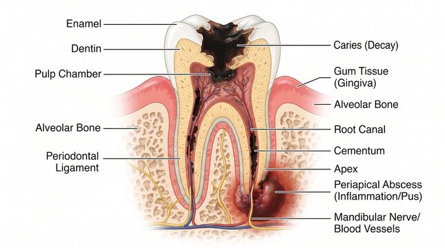 Anatomical diagram of tooth decay and periapical abscess