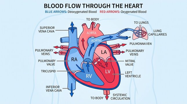 Diagram of Blood Flow Through the Human Heart Anatomy
