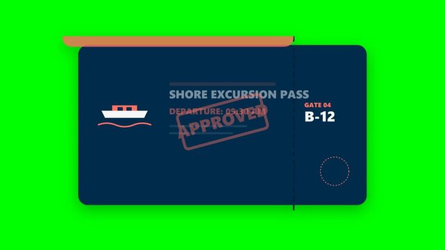 Shore Excursion Booking Voucher Motion Graphic with Tender Boat Icon and Approved Stamp on Green Screen