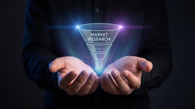 Hands holding a glowing digital funnel representing data analysis and marketing conversion