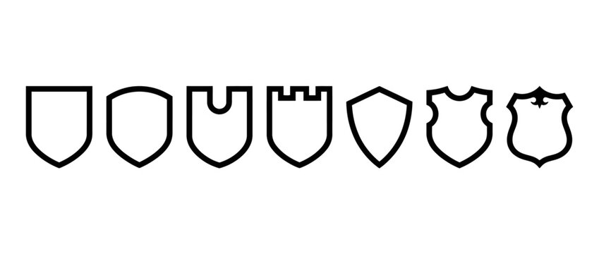Set of seven shield icons with diverse outline shapes on white background, vector design