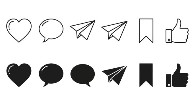 Set of vector outline and filled icons featuring hearts, speech bubbles, paper planes, bookmarks and thumbs up for UI and graphic design.