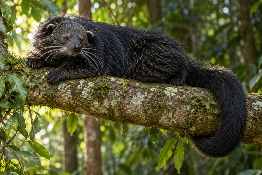 Binturong resting on a broad tropical forest branch
