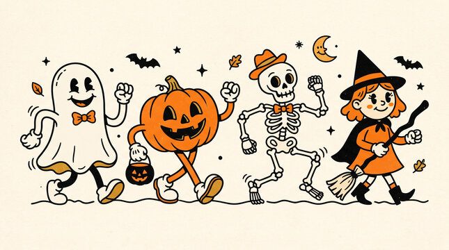 Vintage cartoon style halloween parade featuring happy ghost pumpkin skeleton and witch walking together on light background.