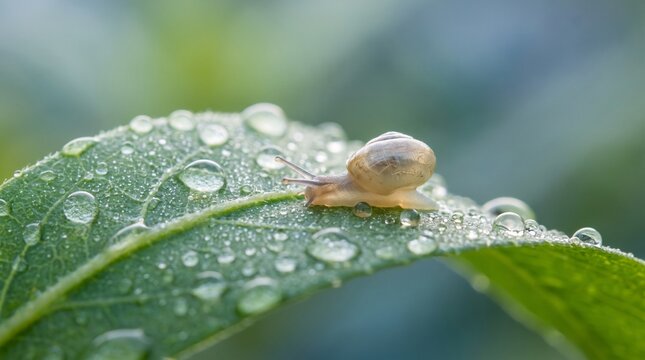 A snail crawls across a green leaf covered in water droplets