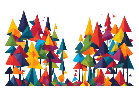 A whimsical and vibrant forest illustration composed of abstract colorful geometric trees and polygons, creating a modern woodland design