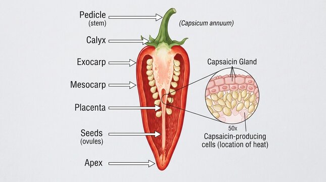 Detailed anatomical diagram of a red chili pepper with labels
