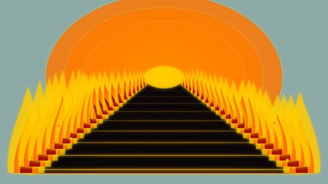 Abstract stairway to heaven animation with glowing fire flames and radiant sun background, stairs