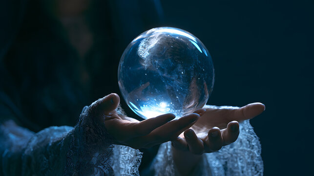 Fortune teller's hands wearing lace sleeves holding a glowing blue crystal orb ball in a dark room. Mysterious Halloween divination, psychic fortune telling, and magic spell concept photo