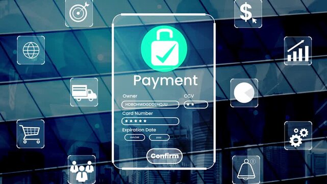 Secure Online Payment Interface on Modern Digital Background with Symbolic Icons Representing Financial Transactions and Security Measures Gluon.