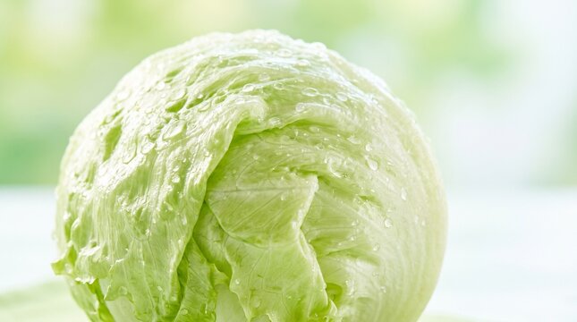 Crisp iceberg lettuce covered in dewy water droplets, healthy vegetable close-up