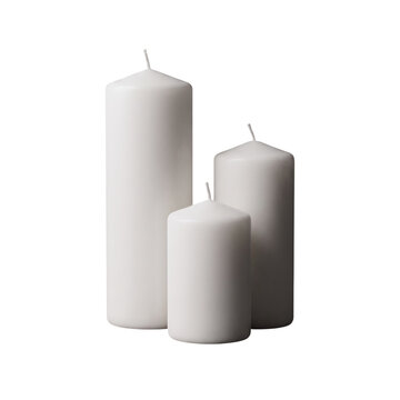 Three White Pillar Candles Standing Together Isolated on Transparent Background, Studio Shot