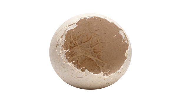 Broken ostrich eggshell with large hole on white background, hatched bird egg shell showing inner membrane, empty beige eggshell isolated