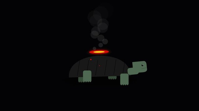 A stylized reptile carries a burning volcanic crater upon its shell while plumes of dark smoke rise steadily into the night sky to represent a surreal journey through mythical fantasy landscapes