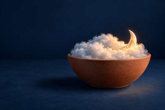 A terracotta bowl cradles a soft cloud beside a tiny crescent moon against a navy background, creating a soothing metaphor for peaceful rest, emotional comfort and a slower approach to daily life.