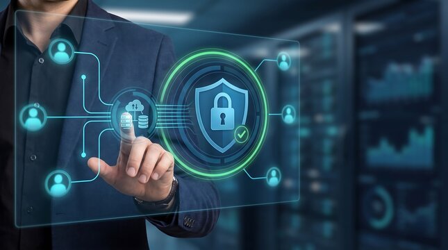 Business professional interacting digital data security interface in server room with copy space layout