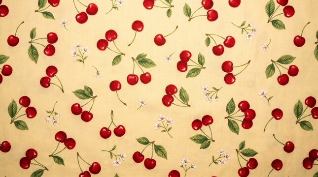 Cherry pattern with leaves and blossoms on a pale yellow background