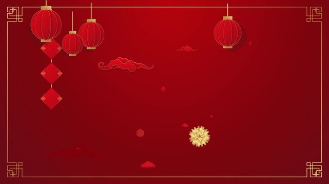 Chinese New Year Greeting Card Background with Traditional Red Lanterns, Gold Peony Flowers, and Clouds in Paper Cut Style