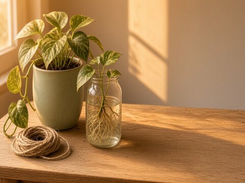 Golden hour pothos propagation with ceramic pot water cutting and twine