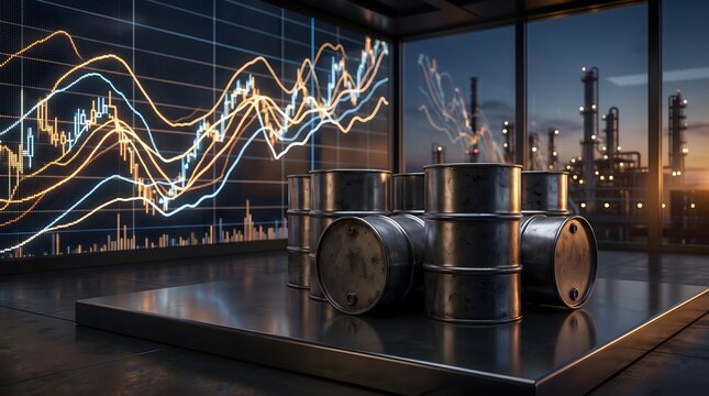 Oil barrels standing before financial data charts in a refinery room