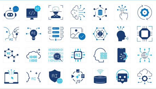 A set of icons related to Artificial Intelligence. Intelligent, machine, generate, coding, digital, connections, database, and so on.