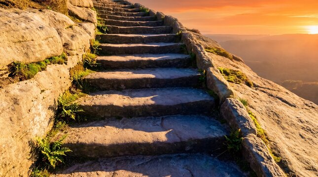 Stone staircase ascends a hillside toward a vibrant sunset landscape