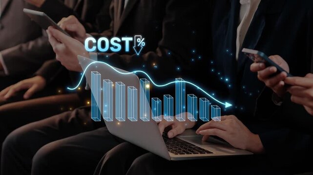 Business professionals engaged with devices showcase a digital cost trend, highlighting essential financial insights in a modern workplace atmosphere. Raster
