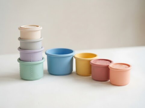 Stack of colorful silicone nesting cups alongside individual cups on a clean white background.