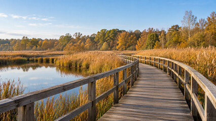 Fototapeta premium Wooden Boardwalk through Reeds in an Autumn Wetland