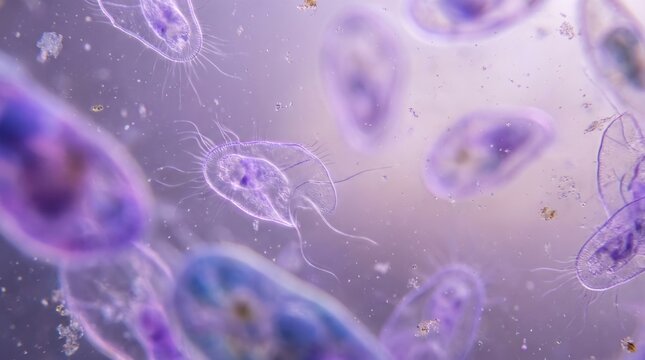 Microscopic paramecium organisms float in a lavender toned fluid environment