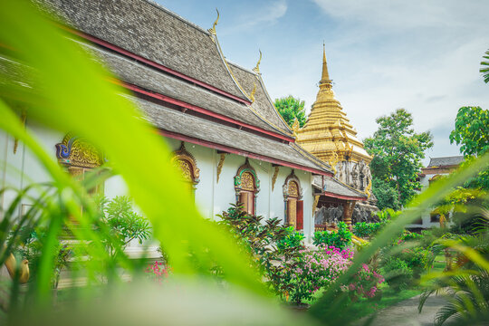 Garden landscape with the pagoda of Wat Chiang Man in Chiang Mai Old City, Thailand