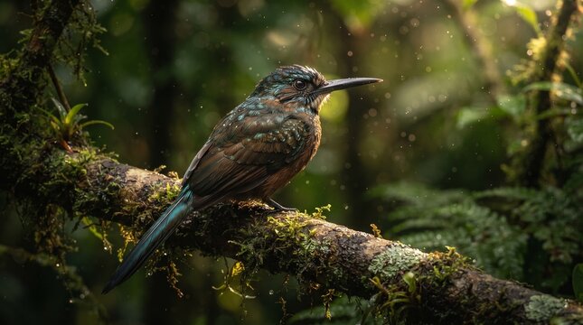 Turquoise browed motmot perches on a moss covered branch in a lush rainforest