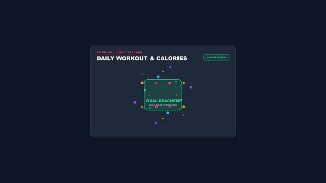 Digital fitness app interface displaying daily workout and calories tracker card on dark background with modern UI design
