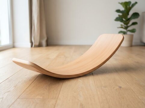 Wooden balance board for children play and motor skill development on bright hardwood floor.