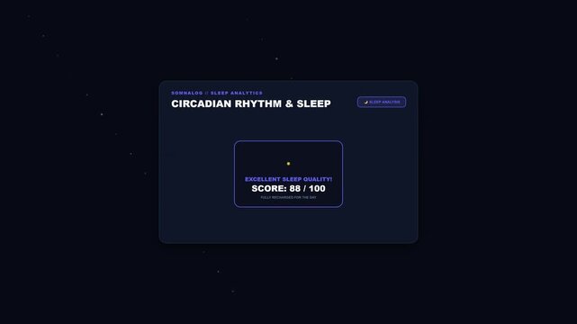 Dark futuristic user interface displaying circadian rhythm and sleep scores with sleek motion design elements