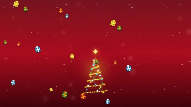 Abstract Christmas holiday motion graphic with glowing light string tree and floating gift boxes on red backdrop
