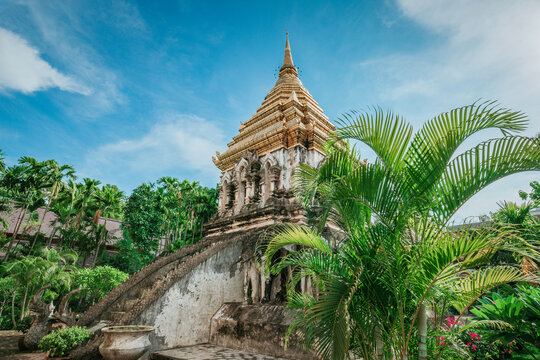 Garden landscape with the pagoda of Wat Chiang Man in Chiang Mai Old City, Thailand