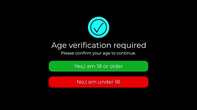 age verification required popup with yes no buttons and 18 or older confirmation interface animation.
