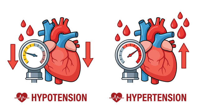 Vector graphic illustration comparing human heart health conditions featuring hypotension and hypertension blood pressure measurements