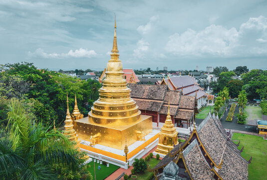 Aerial view of the architecture of Wat Phra Singh in Chiang Mai Old City, Thailand