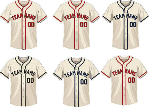 Blank baseball jersey template collection with custom team name typography representing sports uniform apparel mockup design