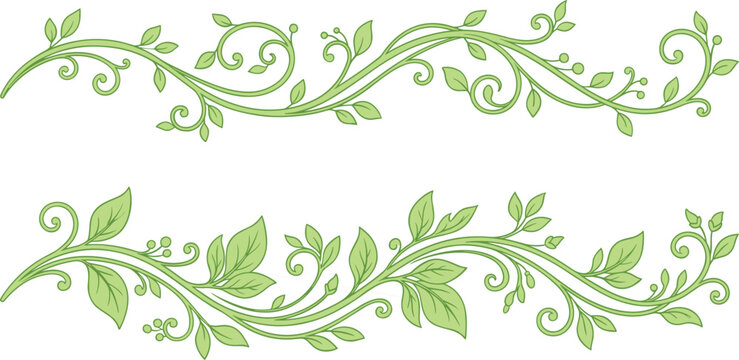 Elegant green floral border dividers with decorative swirling vines and fresh leaves for organic wedding stationery