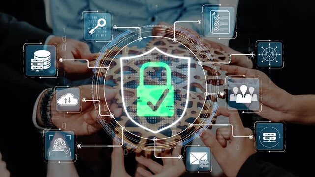 Abstract depiction of cybersecurity concept with diverse hands collaborating around a digital lock symbol representing data protection and secure information exchange Sigmoid