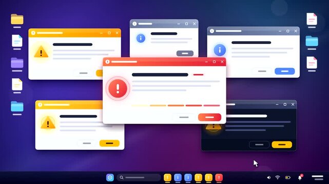 Computer desktop warning error pop-up windows animation, flat 2D UI dialog boxes with alert notifications, taskbar and mouse cursor click, seamless loop 4K