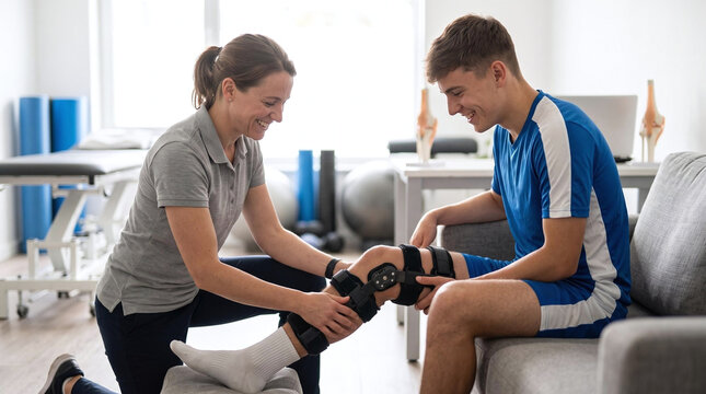 Physiotherapist fitting hinged knee brace on injured soccer player in clinic