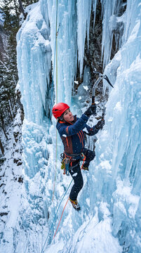 Female ice climber scaling a steep frozen waterfall with an ice axe in winter
