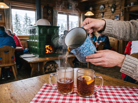 Pouring traditional hot Jagertee punch in a cozy Austrian alpine ski hut