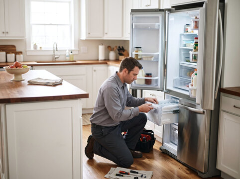 Appliance technician repairing a modern french door refrigerator in kitchen