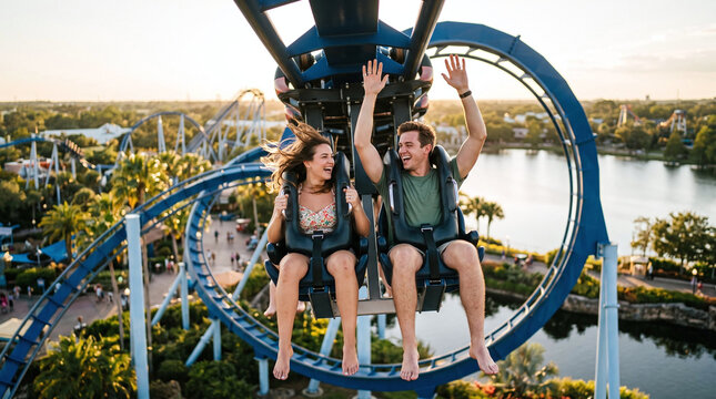 Excited young couple enjoying a thrilling ride on an inverted roller coaster